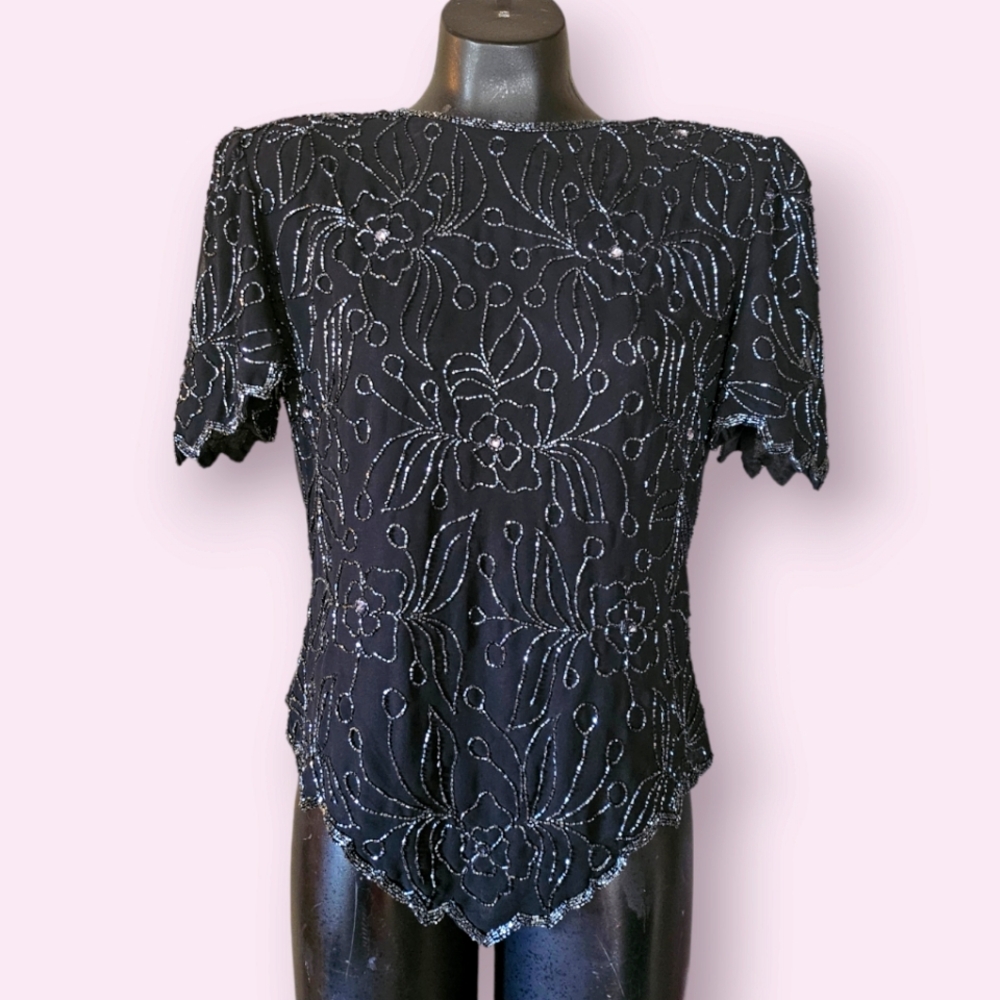 Vintage JMD New York Black Sequin Shoulder Pad Zip Up Back Top Blouse